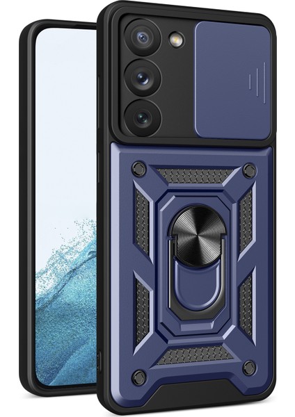 Samsung Galaxy S23+ İçin Kaydırmalı Kamera Kapağı ve Yüzük Tutuculu Telefon Kılıfı - Mavi (Yurt Dışından)