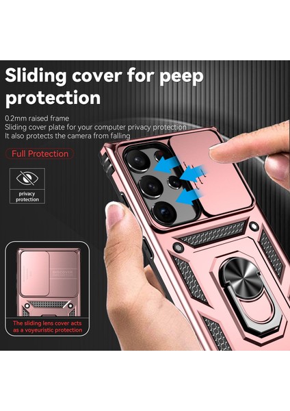 Samsung Galaxy S23 Ultra İçin Halka Ayaklı ve Kayar Kamera Kapaklı Telefon Kılıf - Pembe Altın (Yurt Dışından) fiyatları