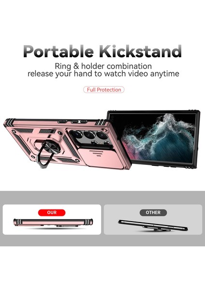 Samsung Galaxy S23 Ultra İçin Halka Ayaklı ve Kayar Kamera Kapaklı Telefon Kılıf - Pembe Altın (Yurt Dışından) indirimleri