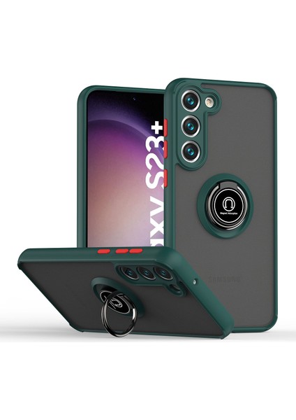 Samsung Galaxy S23+ İçin Yüzük Stand Mat Sert Silikon Telefon Kılıfı - Koyu Yeşil (Yurt Dışından)