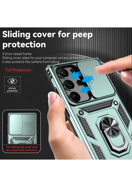 Samsung Galaxy S23 Ultra İçin Halka Ayaklı ve Kayar Kamera Kapaklı Telefon Kılıf - Yeşil (Yurt Dışından) fiyatları