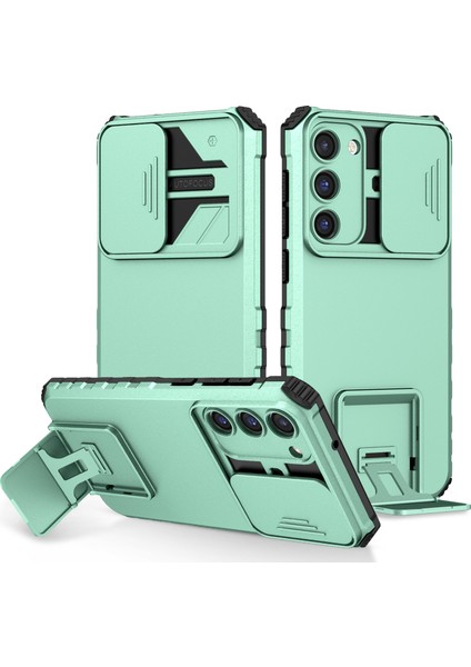 Samsung Galaxy S23+ Kayar Kamera Kapaklı Sağlam Standı Telefon Kılıfı - Turkuaz (Yurt Dışından)