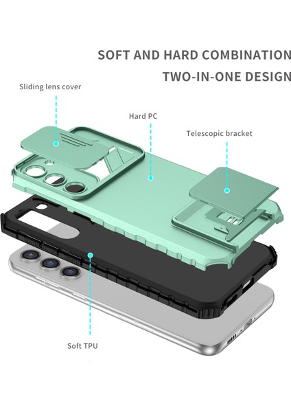 Samsung Galaxy S23+ Kayar Kamera Kapaklı Sağlam Standı Telefon Kılıfı - Turkuaz (Yurt Dışından) fırsatları