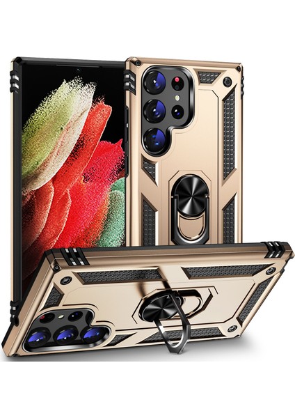 Samsung Galaxy S23 Ultra İçin Halka Tutuculu Çift Katmanlı Telefon Kılıfı - Altın (Yurt Dışından)