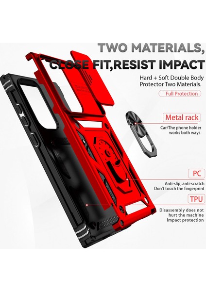 Samsung Galaxy S23 Ultra İçin Halka Ayaklı ve Kayar Kamera Kapaklı Telefon Kılıf - Kırmızı (Yurt Dışından) fırsatları