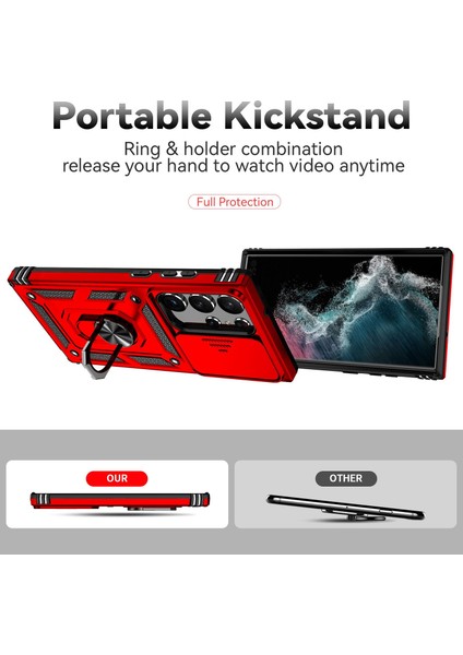 Samsung Galaxy S23 Ultra İçin Halka Ayaklı ve Kayar Kamera Kapaklı Telefon Kılıf - Kırmızı (Yurt Dışından) indirimleri