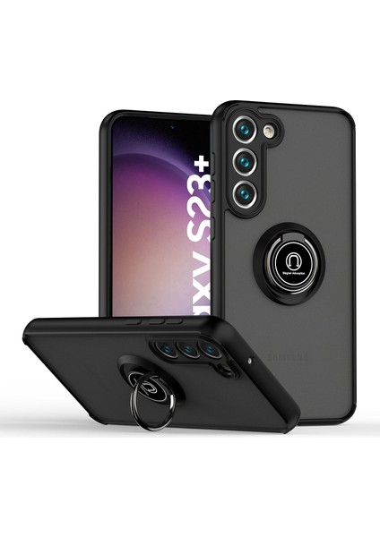Samsung Galaxy S23+ İçin Yüzük Stand Mat Sert Silikon Telefon Kılıfı - Siyah (Yurt Dışından)