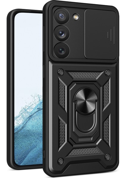 Samsung Galaxy S23 İçin Kaydırmalı Kamera Kapağı ve Yüzük Tutuculu Telefon Kılıfı - Siyah (Yurt Dışından)