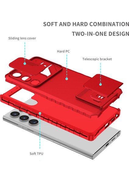 Samsung Galaxy S23 Ultra Kayar Kamera Kapaklı Sağlam Standı Telefon Kılıfı - Kırmızı (Yurt Dışından)