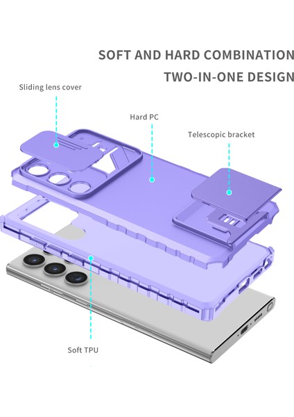 Samsung Galaxy S23 Ultra Kayar Kamera Kapaklı Sağlam Standı Telefon Kılıfı - Mor (Yurt Dışından)