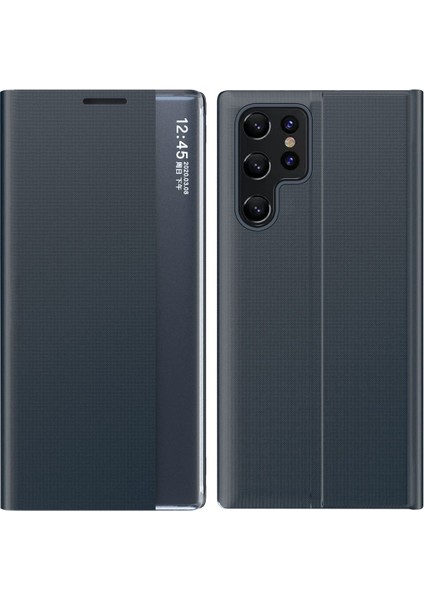 Samsung Galaxy S23 Ultra İçin Flip Deri Akıllı Görünüm Standlı Telefon Kılıfı - Lacivert (Yurt Dışından) indirimleri