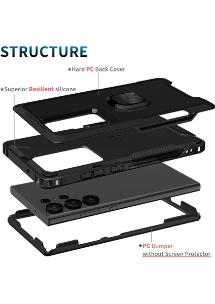 Samsung Galaxy S23 Ultra İçin Yüzük Stand Silikon Sert Pc Tampon Telefon Kılıfı - Siyah (Yurt Dışından) modelleri