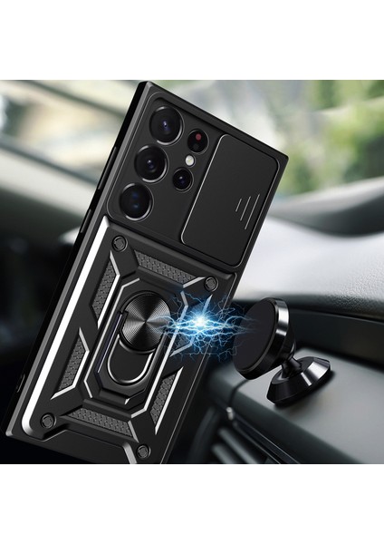 Samsung Galaxy S23 Ultra İçin Kaydırmalı Kamera Kapağı ve Yüzük Tutuculu Telefon Kılıfı - Kırmızı (Yurt Dışından) modelleri