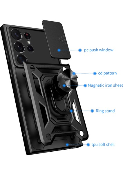 Samsung Galaxy S23 Ultra İçin Kaydırmalı Kamera Kapağı ve Yüzük Tutuculu Telefon Kılıfı - Kırmızı (Yurt Dışından) fırsatları