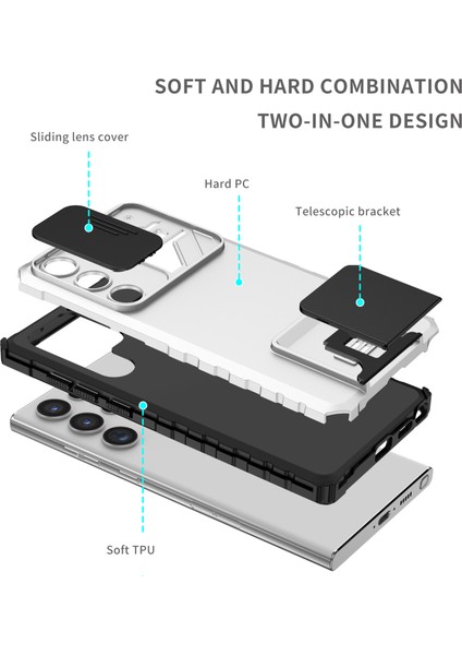 Samsung Galaxy S23 Ultra Kayar Kamera Kapaklı Sağlam Standı Telefon Kılıfı - Beyaz (Yurt Dışından)