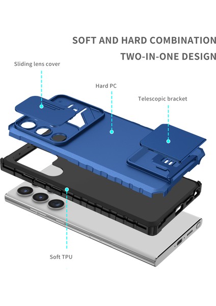 Samsung Galaxy S23 Ultra Kayar Kamera Kapaklı Sağlam Standı Telefon Kılıfı - Mavi (Yurt Dışından)