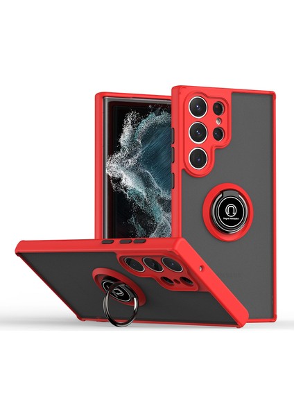 Samsung Galaxy S23 Ultra İçin Yüzük Stand Mat Sert Silikon Telefon Kılıfı - Kırmızı (Yurt Dışından)