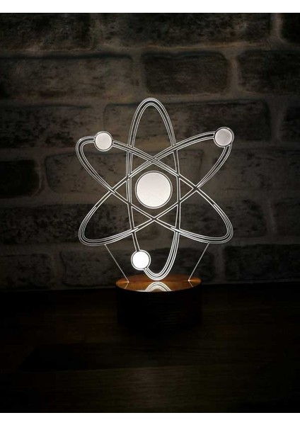 Atom Figürlü Dekoratif Hediye Led Masa Lambası | 7 Işık Rengi | Ahşap Taban