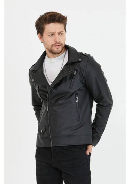 Erkek Yeni Sezon Çapraz Fermuarlı Deri Ceket Mont