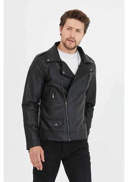 Erkek Yeni Sezon Çapraz Fermuarlı Deri Ceket Mont