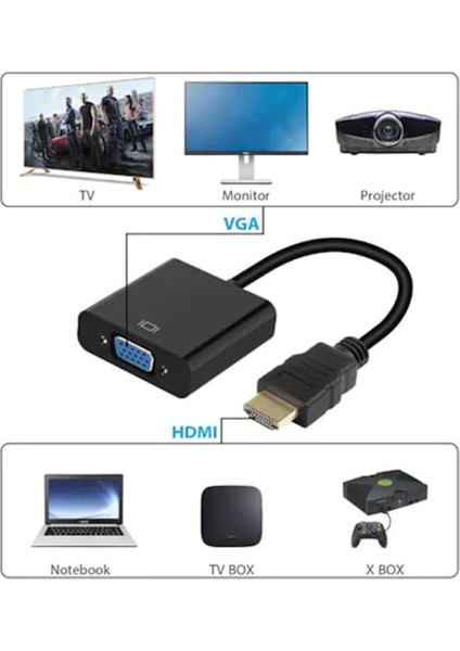 HDMI To VGA Dönüştürücü Aux Ses Bağlantı Kablolu ENF-11210 Çevirici Adaptör (Siyah)