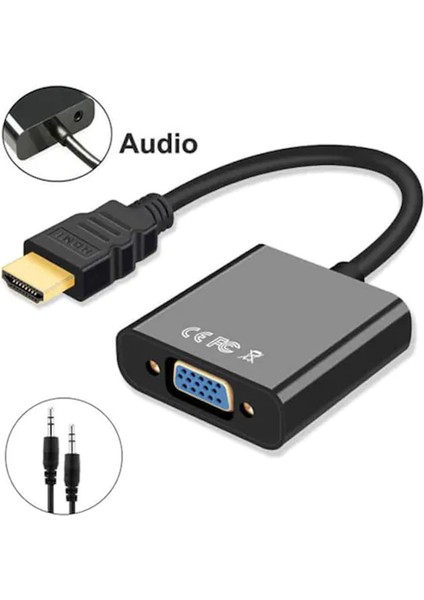 HDMI To VGA Dönüştürücü Aux Ses Bağlantı Kablolu ENF-11210 Çevirici Adaptör (Siyah)