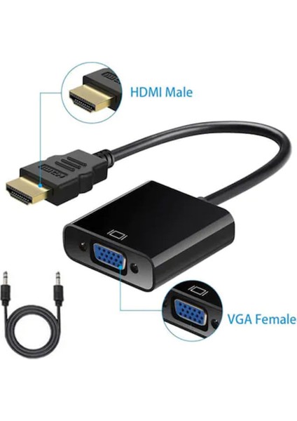 HDMI To VGA Dönüştürücü Aux Ses Bağlantı Kablolu ENF-11210 Çevirici Adaptör (Siyah)