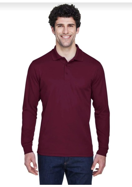 Bordo Polo Yaka Uzun Kollu Tişört Pamuklu Uzun Kol Polo Yakalı Kışlık Tshirt10