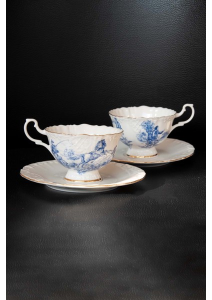 Mavi Ingiliz Altın Yaldızlı Bone 2 Kişilik Çay Fincan Takımı