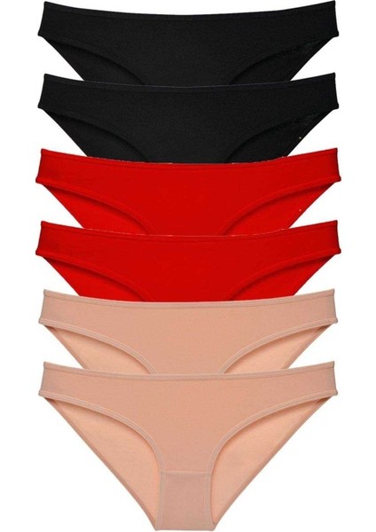 6 adet Süper Eko Set Likralı Kadın Slip Külot Siyah Kırmızı Ten