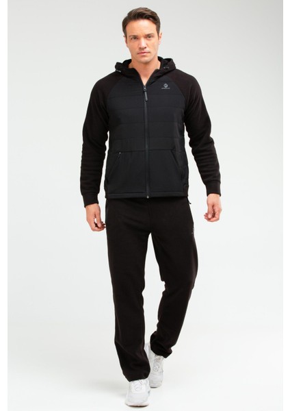 Siyah Regular Fit Desenli Kapitone Kapüşonlu Düz Paça Polar Erkek Eşofman Takımı - XA1560