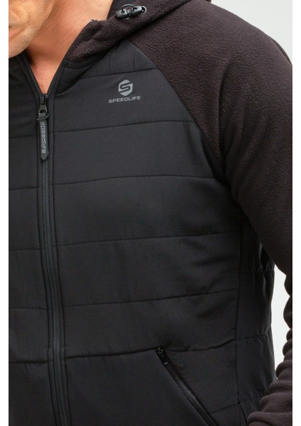 Siyah Regular Fit Desenli Kapitone Kapüşonlu Düz Paça Polar Erkek Eşofman Takımı - XA1560