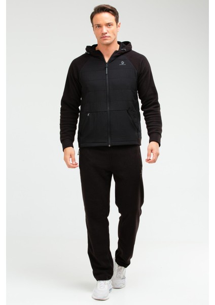 Siyah Regular Fit Desenli Kapitone Kapüşonlu Düz Paça Polar Erkek Eşofman Takımı - XA1560