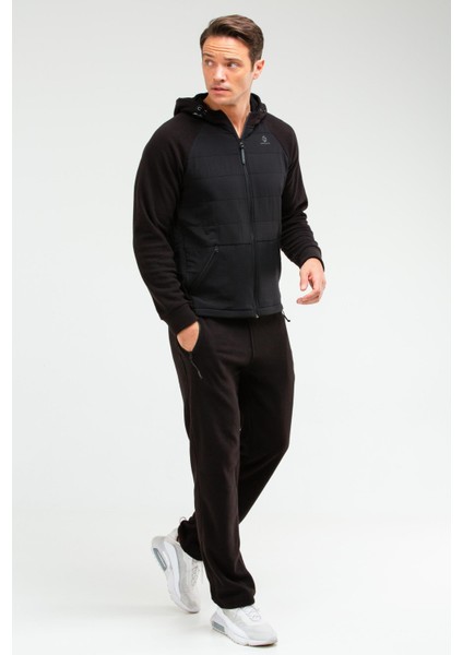 Siyah Regular Fit Desenli Kapitone Kapüşonlu Düz Paça Polar Erkek Eşofman Takımı - XA1560