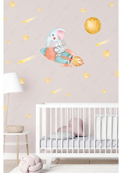 Rokette Uçan Fil Gezegen ve Yıldızlar Çocuk Bebek Odası Sticker Seti