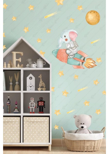 Rokette Uçan Fil Gezegen ve Yıldızlar Çocuk Bebek Odası Sticker Seti fiyatları