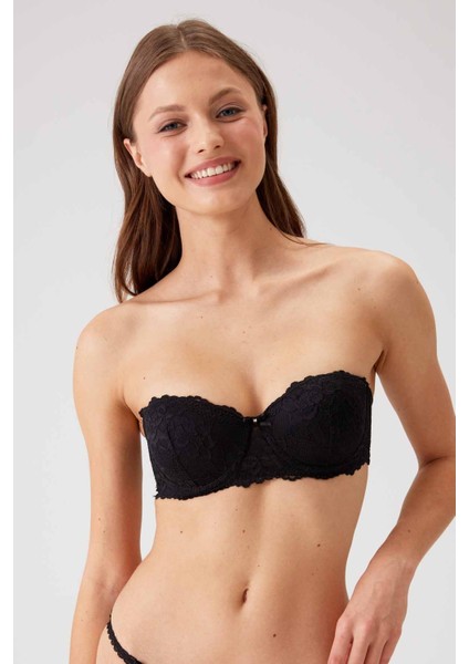 2'li Ekonomik Paket Pudra-Siyah 6202-2 Balenli Desteksiz Straplez Dantelli Sütyen Set modelleri