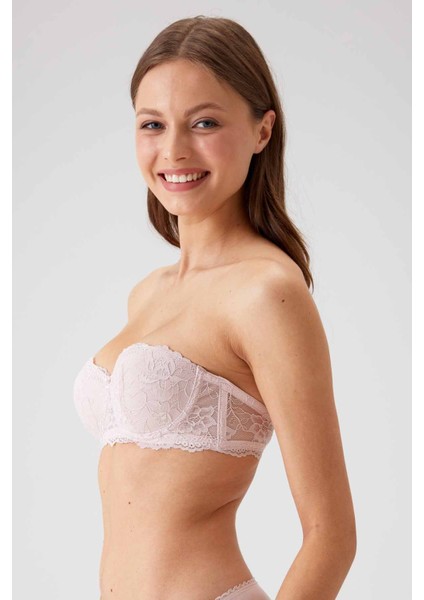 2'li Ekonomik Paket Pudra-Siyah 6202-2 Balenli Desteksiz Straplez Dantelli Sütyen Set fırsatları