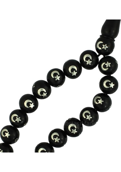 Gümüş Ay Yıldız Işlemeli Hakiki Erzurum Oltu Taşı Tesbih