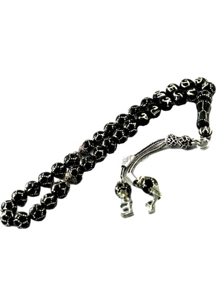 Gümüş Plakadan Isim Yazılı Özel Petek Işlemeli Hakiki Erzurum Oltu Taşı Tesbih MCIS6003