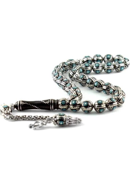 Gümüş ve Firuze Işlemeli Erzurum Oltu Taşı Tesbih