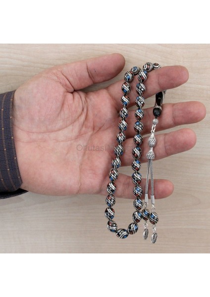 Mavi Kırmızı Mine ve Gümüş Işlemeli Erzurum Oltu Taşı Tesbih