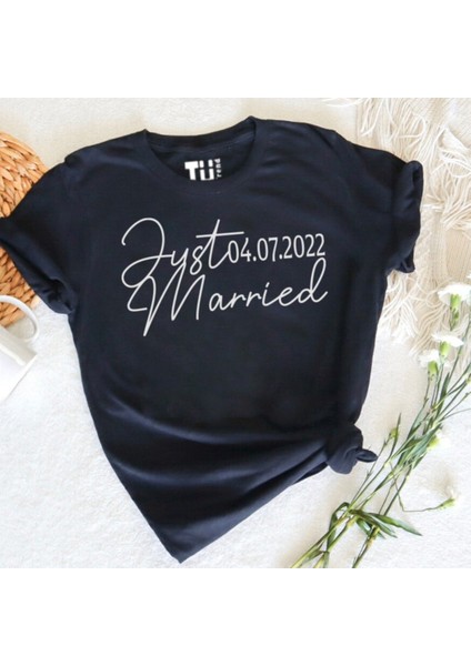 Just Married Tarih Yazılı Pamuklu Unisex Tshirt10