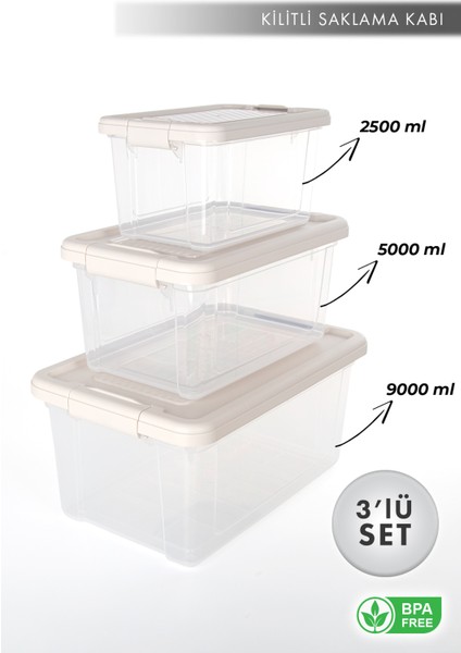 Aes Home Infinity Çok Amaçlı Kilitli Saklama Kabı Buz Beyaz 2.5 Lt x 1 Adet - 5 Lt x 1 Adet - 9 Lt x 1 Adet(3 'lü Set)