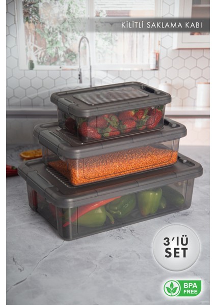 Aes Home Infinity Çok Amaçlı Kilitli Saklama Kabı Antrasit 1.5 Lt x 1 Adet - 3 Lt x 1 Adet -6 Lt x 1 Adet(3 'lü Set)