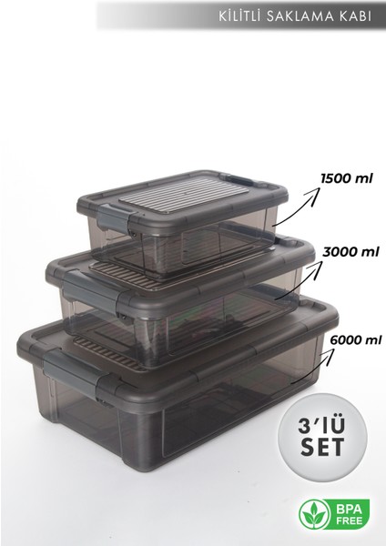 Aes Home Infinity Çok Amaçlı Kilitli Saklama Kabı Antrasit 1.5 Lt x 1 Adet - 3 Lt x 1 Adet -6 Lt x 1 Adet(3 'lü Set)
