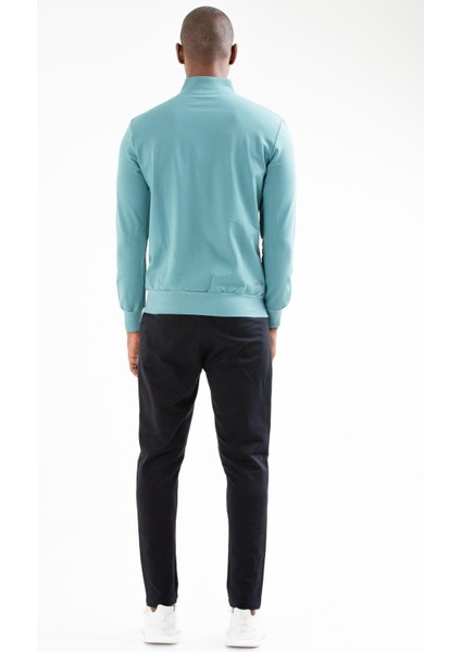 Nefti Yeşili Regular Fit Düz Pamuklu Dik Yaka Fermuarlı Düz Paça Erkek Eşofman Takımı - XA0449