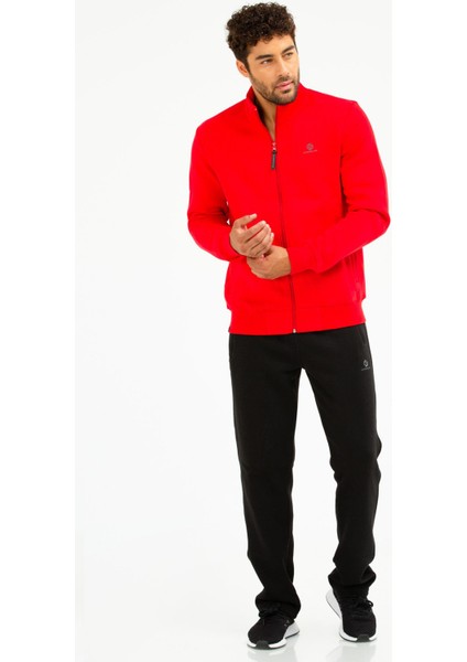 Kırmızı Regular Fit Düz Pamuklu Dik Yaka Fermuarlı Düz Paça Erkek Eşofman Takımı - XA0443