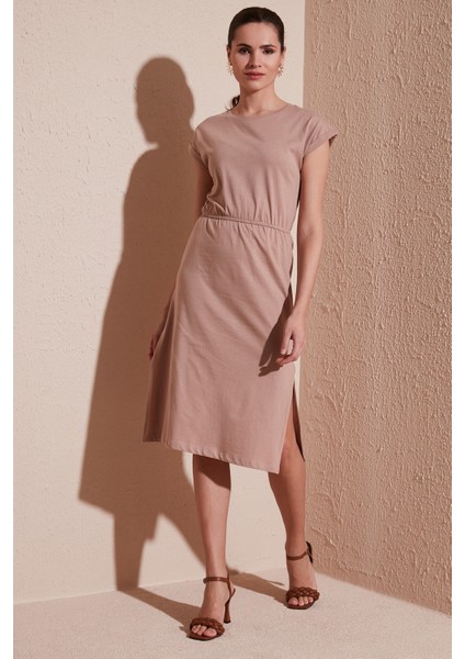 Pamuklu Kısa Kollu Çift Yırtmaçlı Midi Elbise Bayan Elbise 5864205