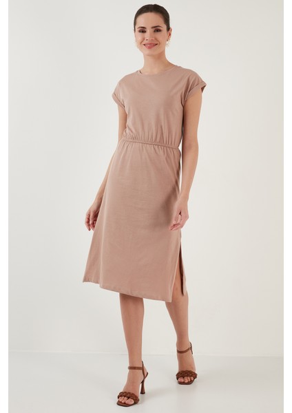 Pamuklu Kısa Kollu Çift Yırtmaçlı Midi Elbise Bayan Elbise 5864205 fırsatları